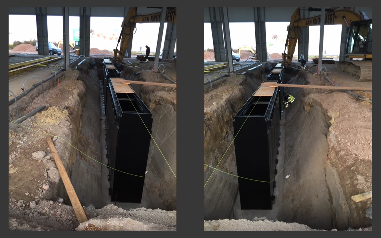 Plaatsen van een betonnen put in een uitgegraven sleuf